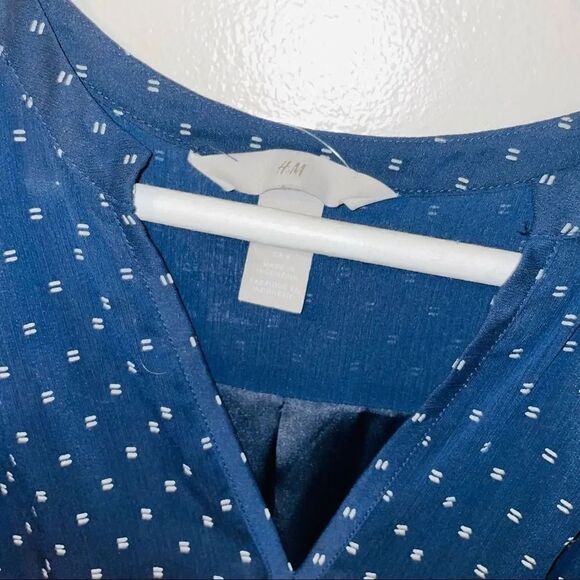 LOFT Navy Blue Polka Dot Ruffle Sleeve V-Neck Tie Waist Dress - Picture 6 of 8